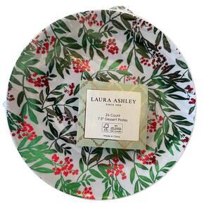 Laura Ashley Holiday Holly Berry Disposable Dessert Plates 7.5" 24 Count New